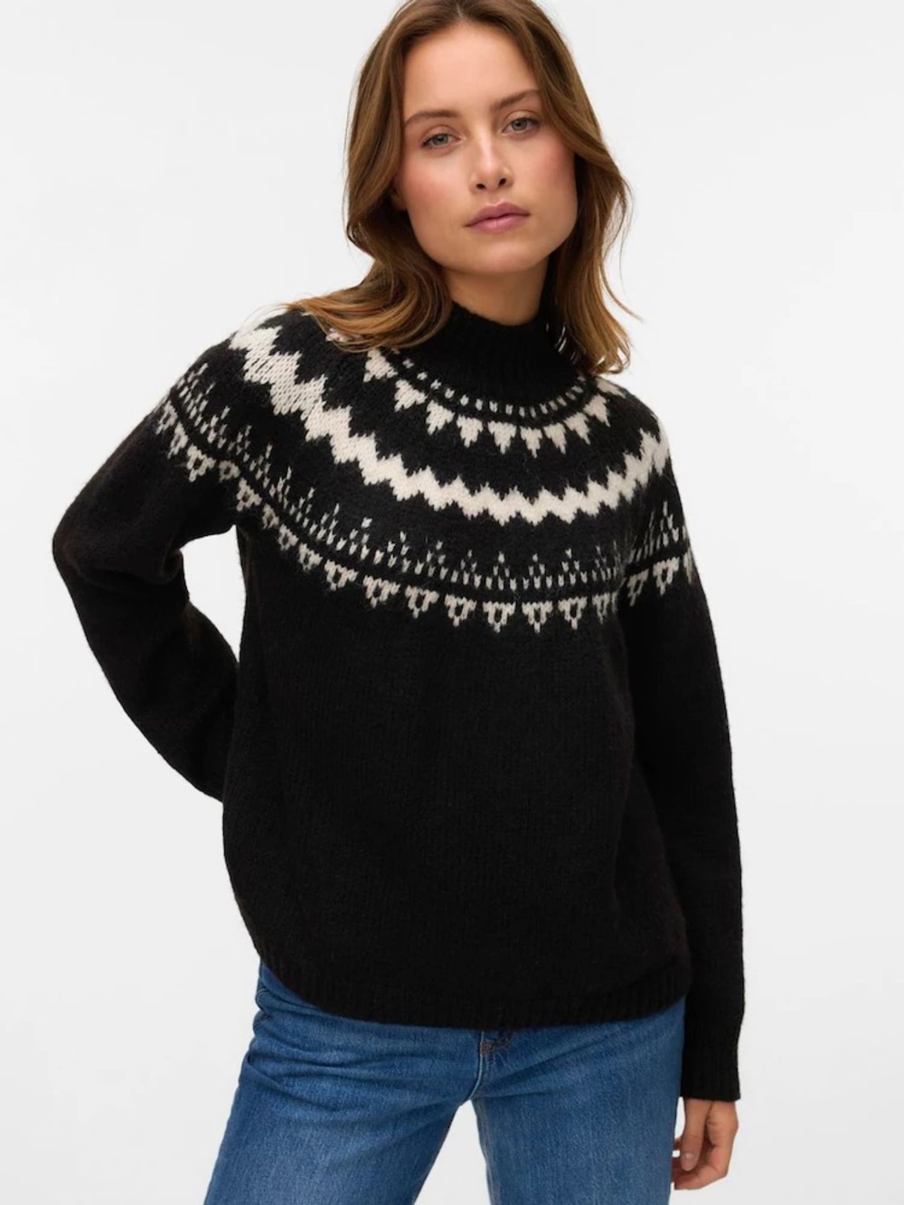 Vero Moda Vivian Black Fair Isle Nordic High Neck Knit Jumper Sweater